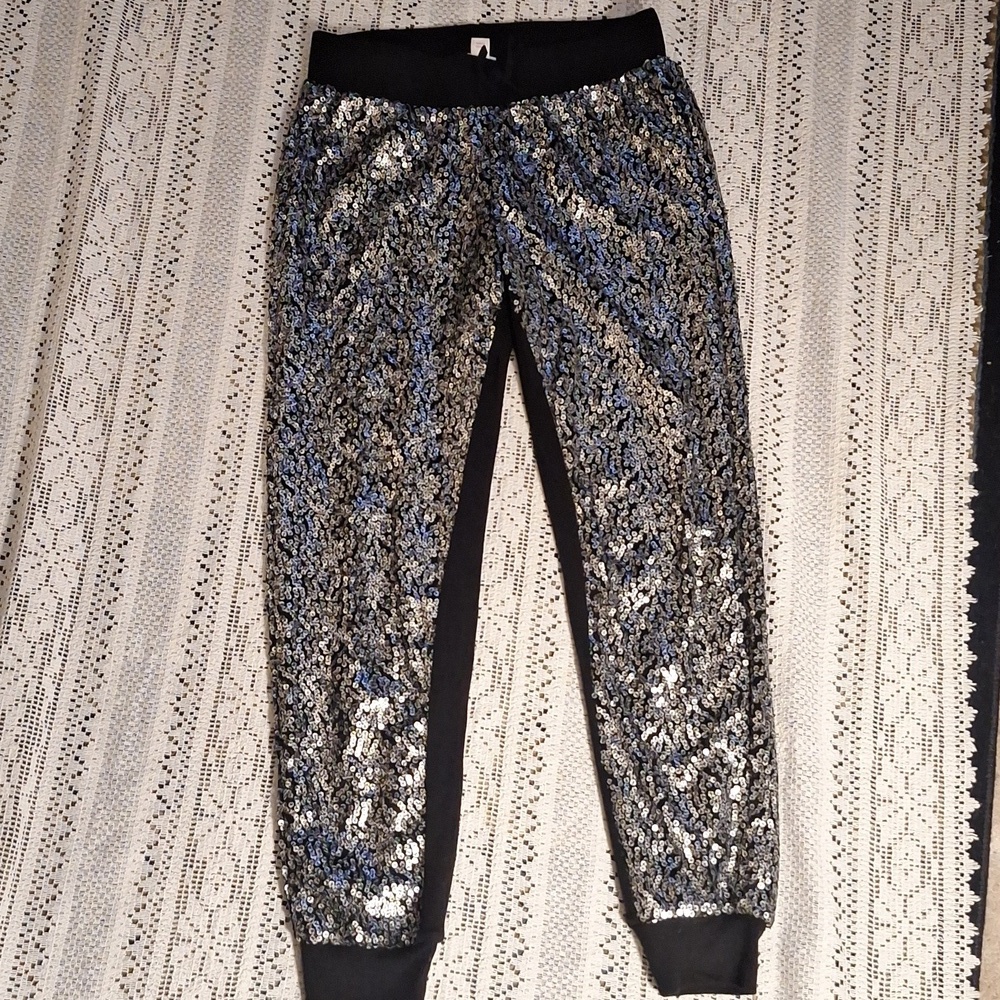 XHilaration Silver Sequin Black Jogging Yoga Stretch Pants Leggings